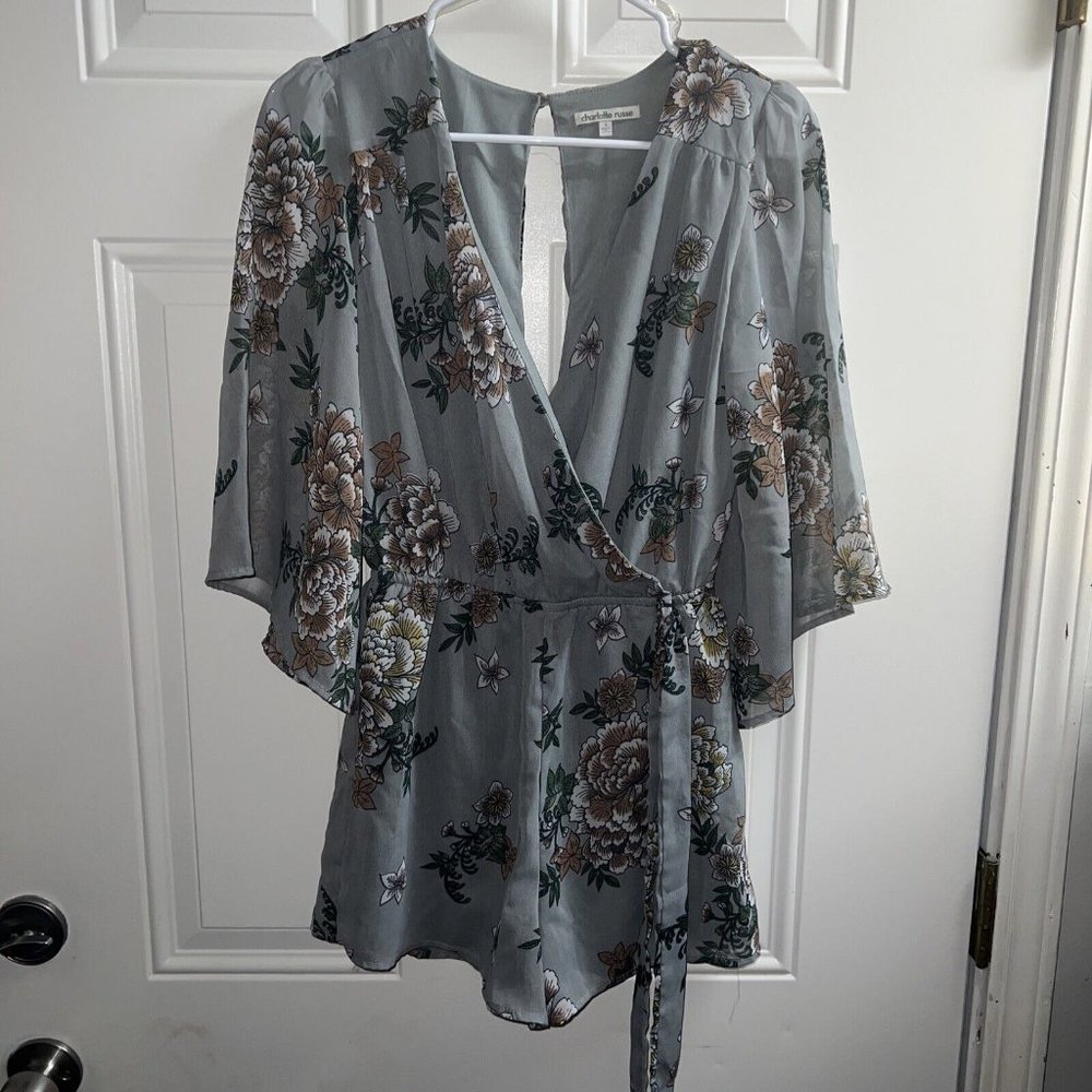 Charlotte Russe Silver Chiffon Floral Short Romper Jumpsuit Women Size S